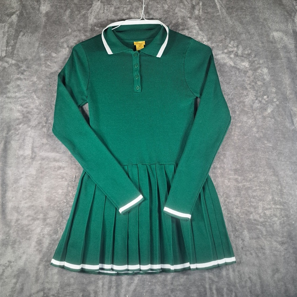 Daisy Green Knit Polo Pleated Mini Dress Long Sleeve Preppy Collegiate Tennis
